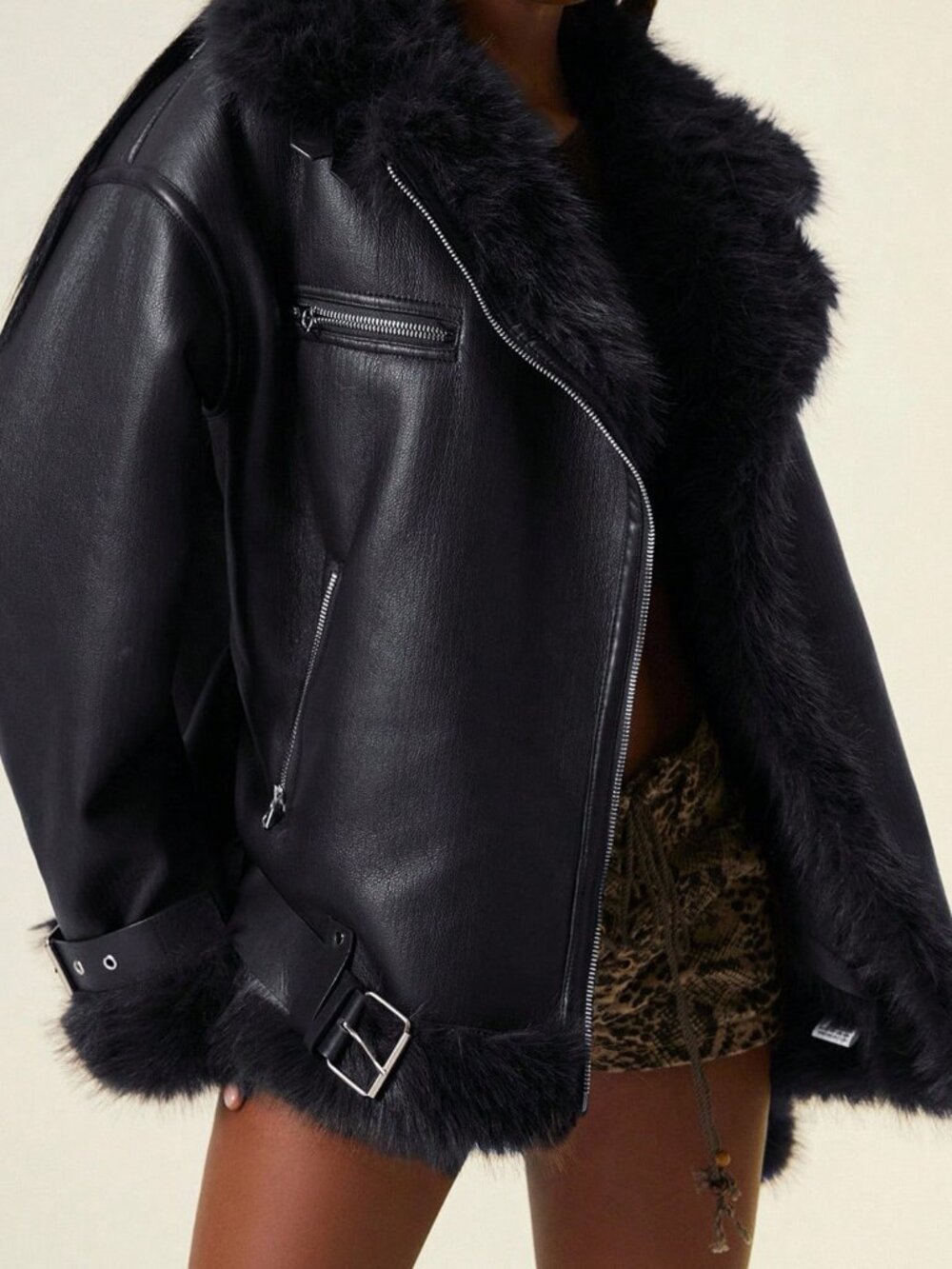 Black Casual Motorcycle Women's Faux Fur Collar Belt Jacket - Picture 3 of 7
